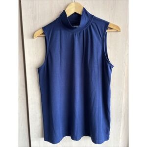 Lands End Sleeveless Mock Neck Top Women's M P‎ 10 12 Blue Cotton Blend Basics